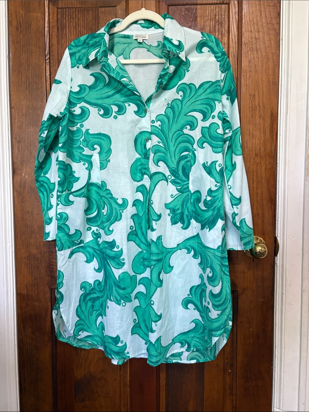 Green Swirl Print Button-Up Tunic